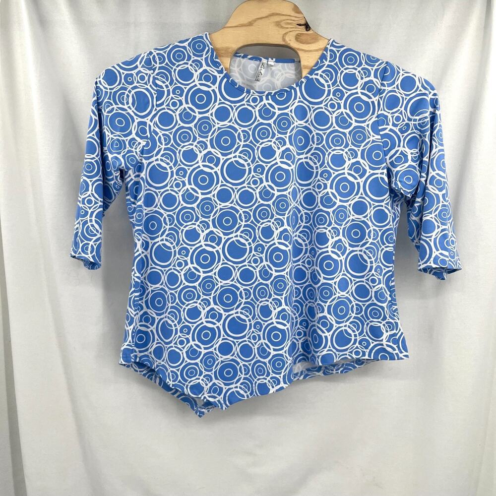 Lulu B Tunic Top Womens XL White Blue Geometric Asymmetrical Hem Nylon Pullover - Picture 2 of 5
